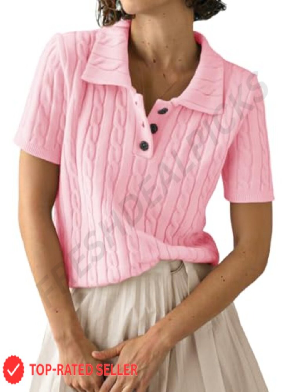 Cable Knit Polo V Neck Short Sleeve Pullover Sweater Business Casual
